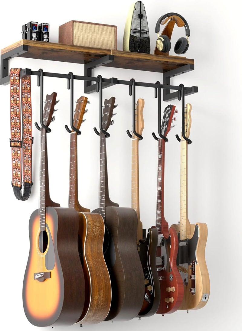 Keebofly Guitar Wall Mount Hangers Holds 6 Guitars with Rustic Shelf - 6-Detachable Guitar Hooks Universal Fit for Acoustic, Electric, Bass Guitars & Ukulele (Brown) - Image 1